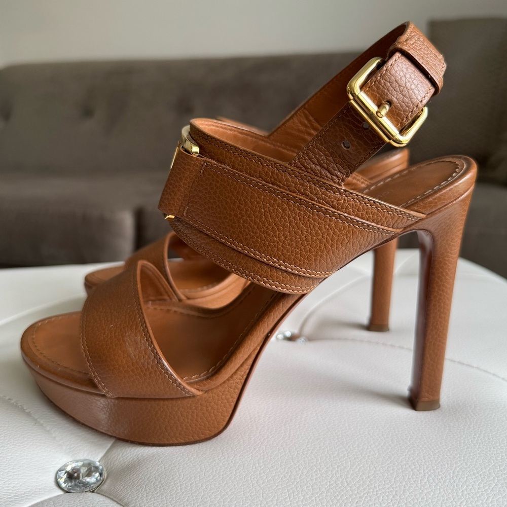 Louis Vuitton Horizon Leather Platform Sandal Heels Brown Cognac Size 38 Size 8 - Picture 5 of 17